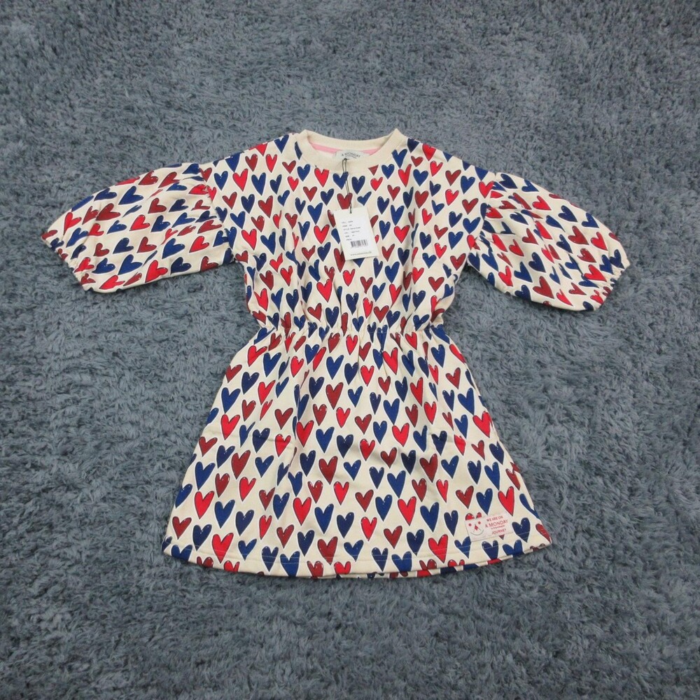 A MONDAY in Copenhagen Dress Girls 6Y Cream Heart Print Nanna Organic Cotton NWT